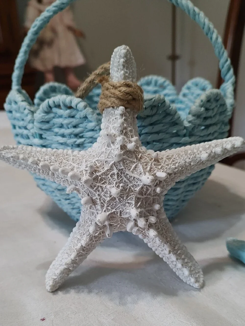 Coastal Woven Basket with Handle - Light Blue And Two Starfish